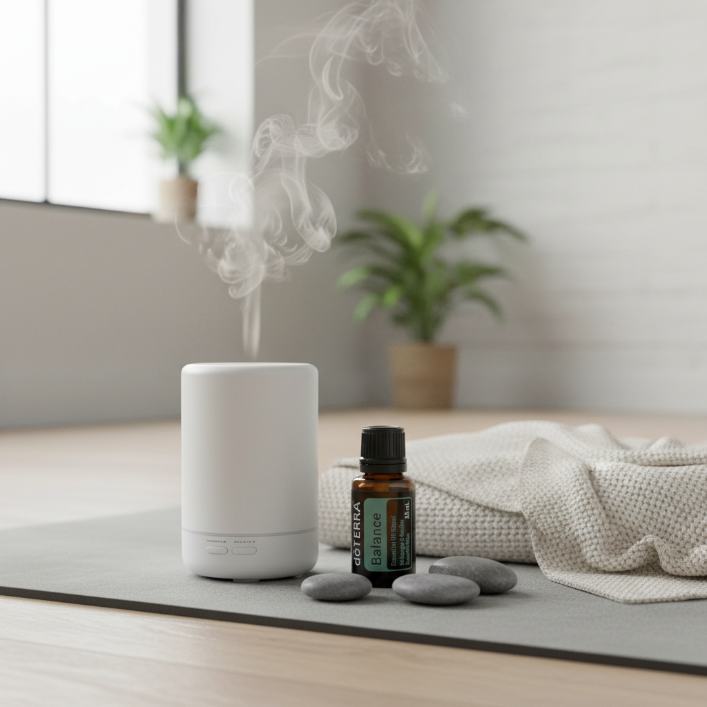 doTERRA Balance bottle on yoga mat with diffuser and smooth stones in minimalist studio