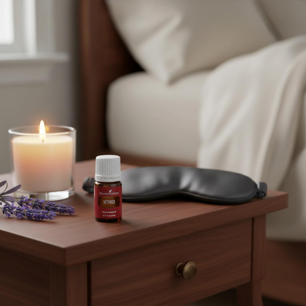 Vetiver bottle on bedside table with candle and sleep mask for bedtime routine