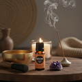 Edens Garden Meditation bottle on altar with singing bowl incense and crystal