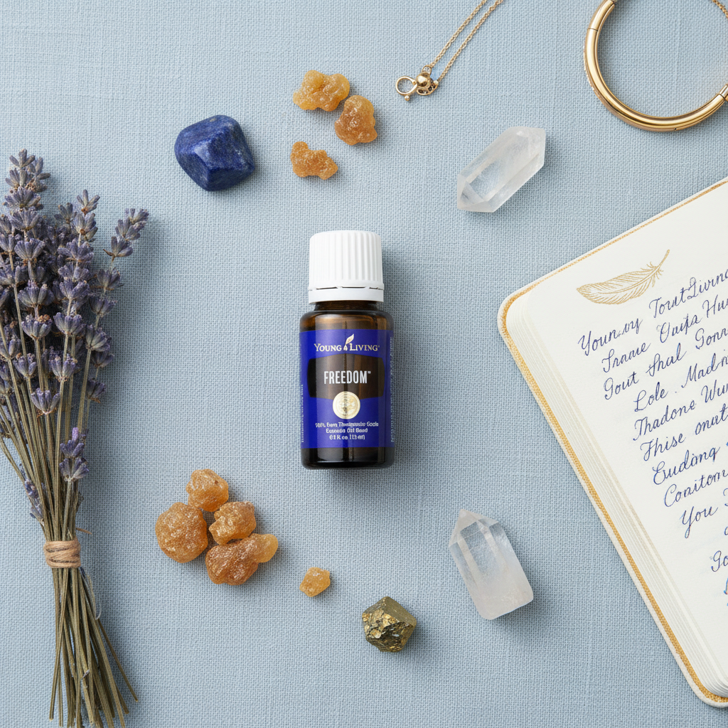 Flat lay of Freedom oil bottle with lavender, frankincense resin, crystals and journal