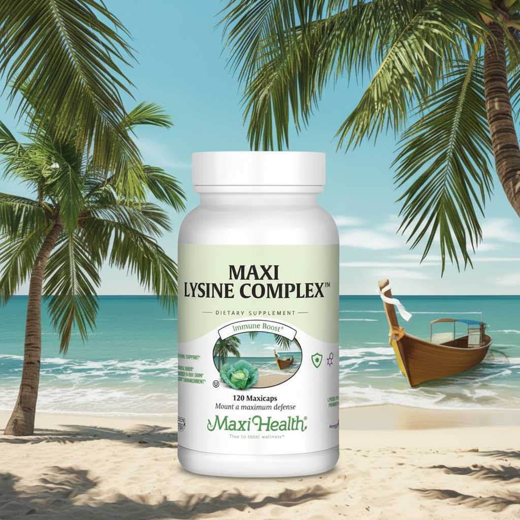 Maxi Lysine Complex with tropical beach background matching bottle imagery