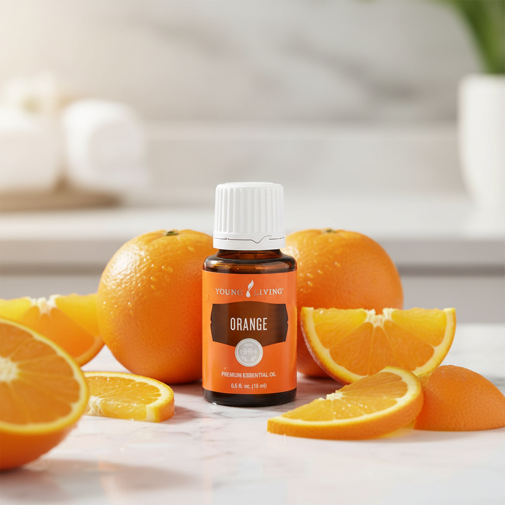Orange essential oil on marble with fresh whole oranges and orange slices in warm light