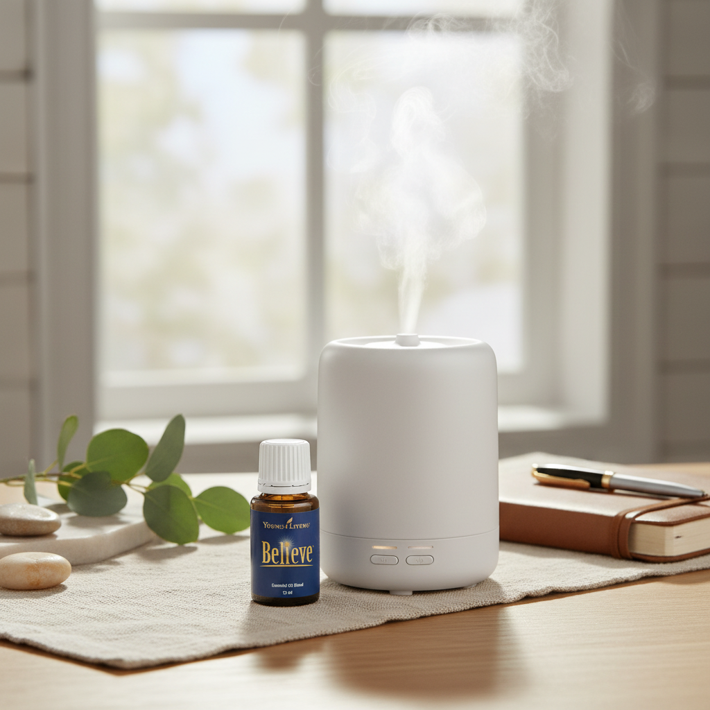 Believe essential oil beside diffuser morning scene