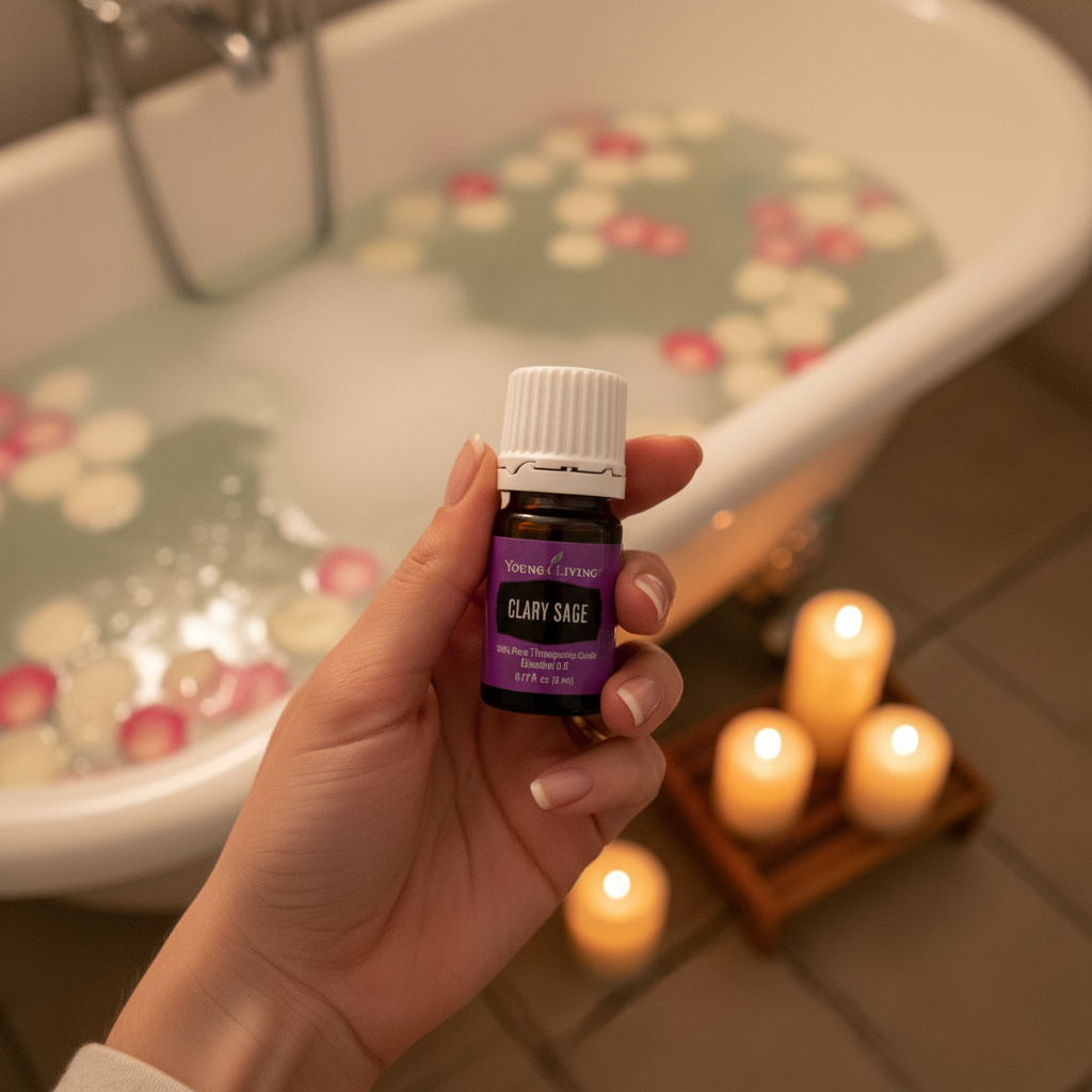 Clary Sage oil held in hand with bath in background