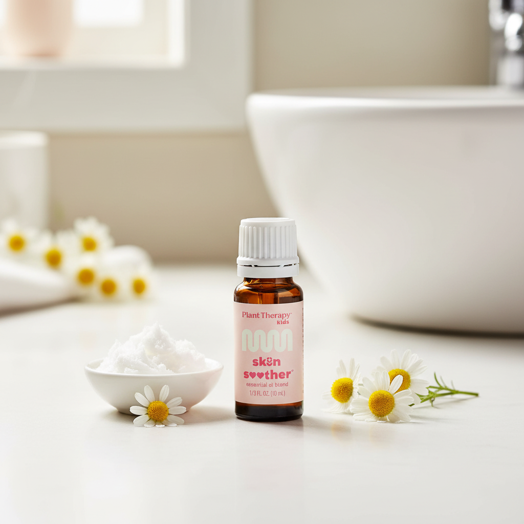 Skin Soother bottle with coconut oil and chamomile flowers on bathroom counter