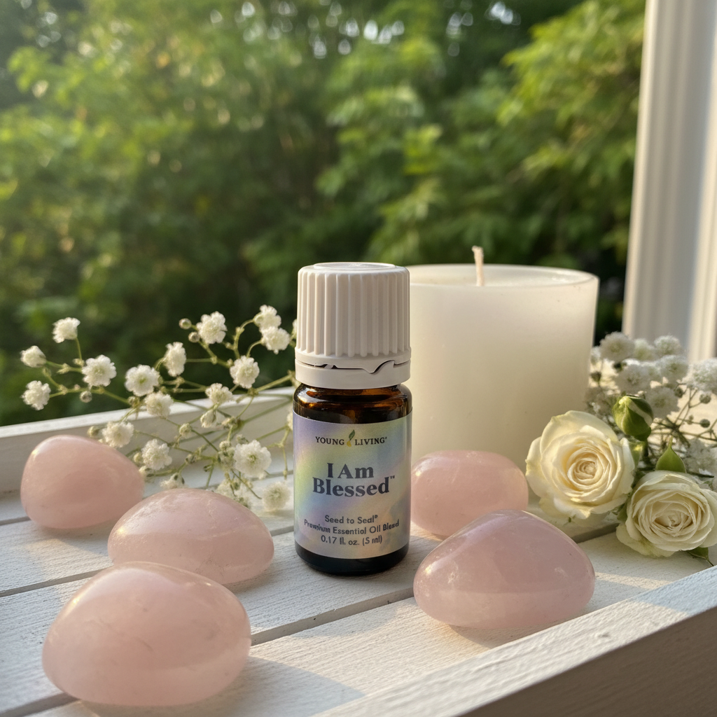 I Am Blessed essential oil on rose quartz and candle tray