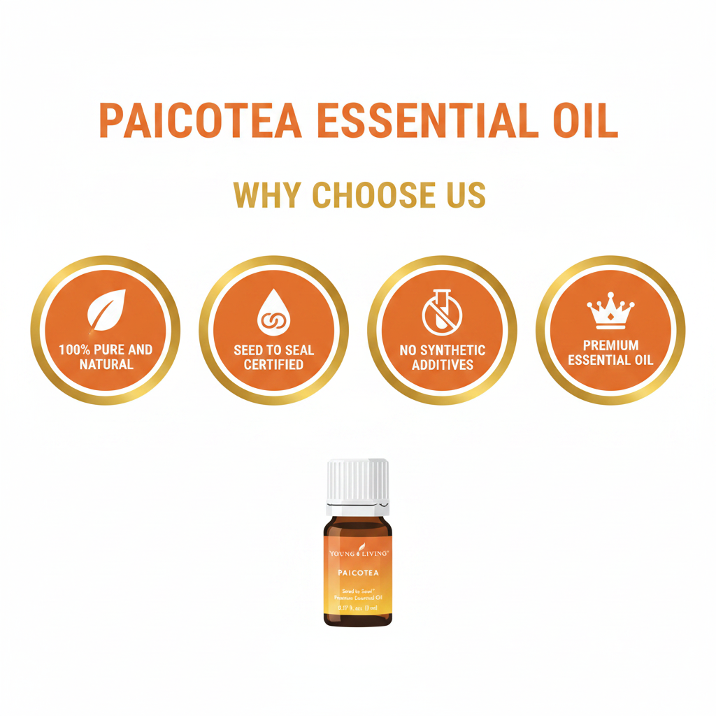 Paicotea Essential Oil quality badges infographic
