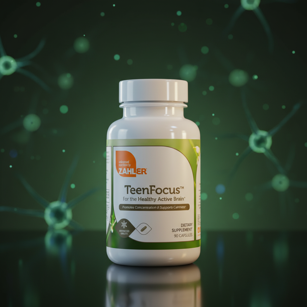 Zahler TeenFocus bottle on dark surface with green bokeh brain neuron light effects science aesthetic