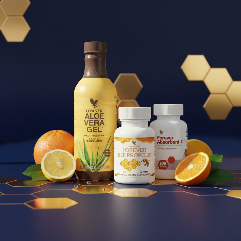 Forever Cold & Flu Support bundle on deep navy and gold background