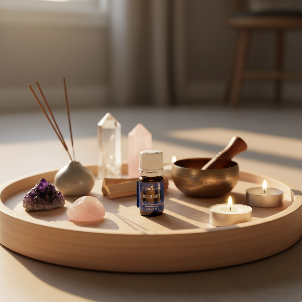 Higher Unity essential oil on meditation tray with crystals and candlelight