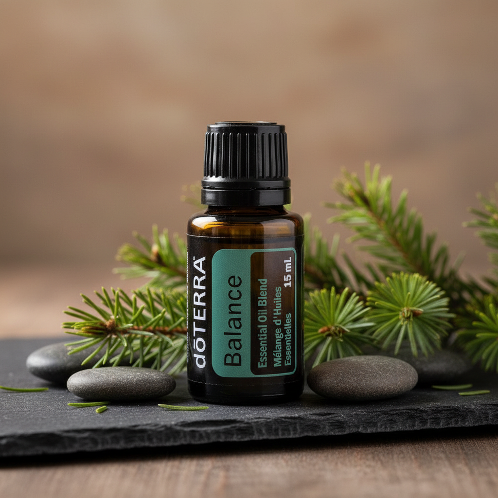 doTERRA Balance bottle close-up on slate with spruce needles and pebbles bokeh