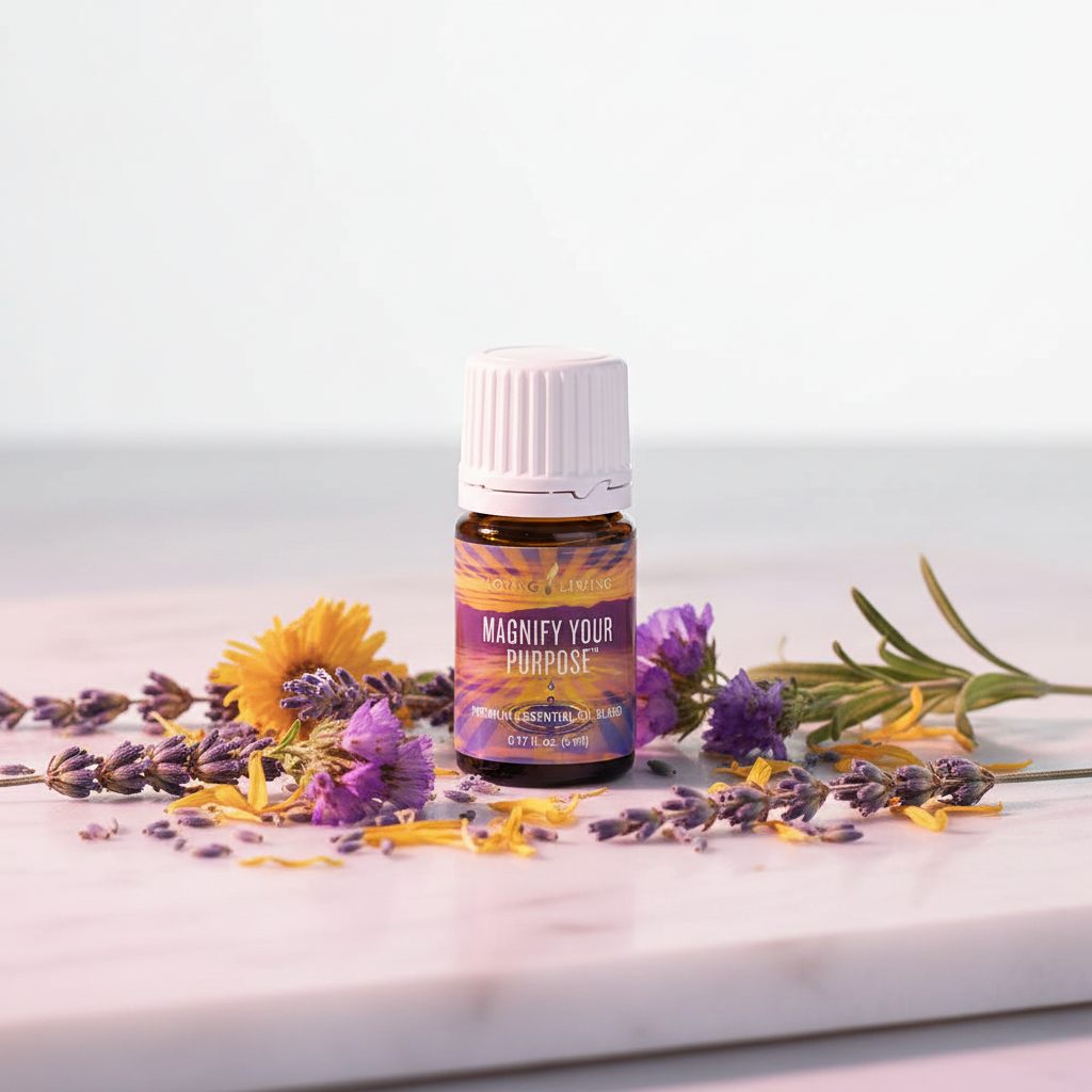Young Living Magnify Your Purpose Essential Oil on marble with botanical herbs and flowers