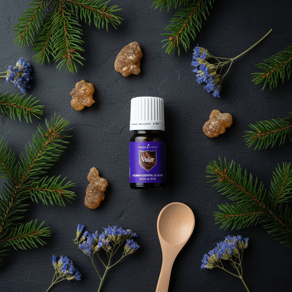 Valor essential oil flat lay with spruce needles and frankincense on dark slate