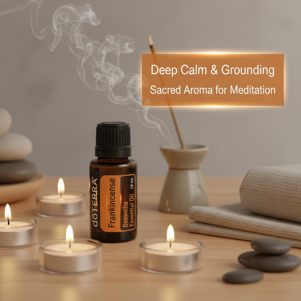 doTERRA Frankincense Essential Oil deep calm and grounding infographic - sacred aroma for meditation