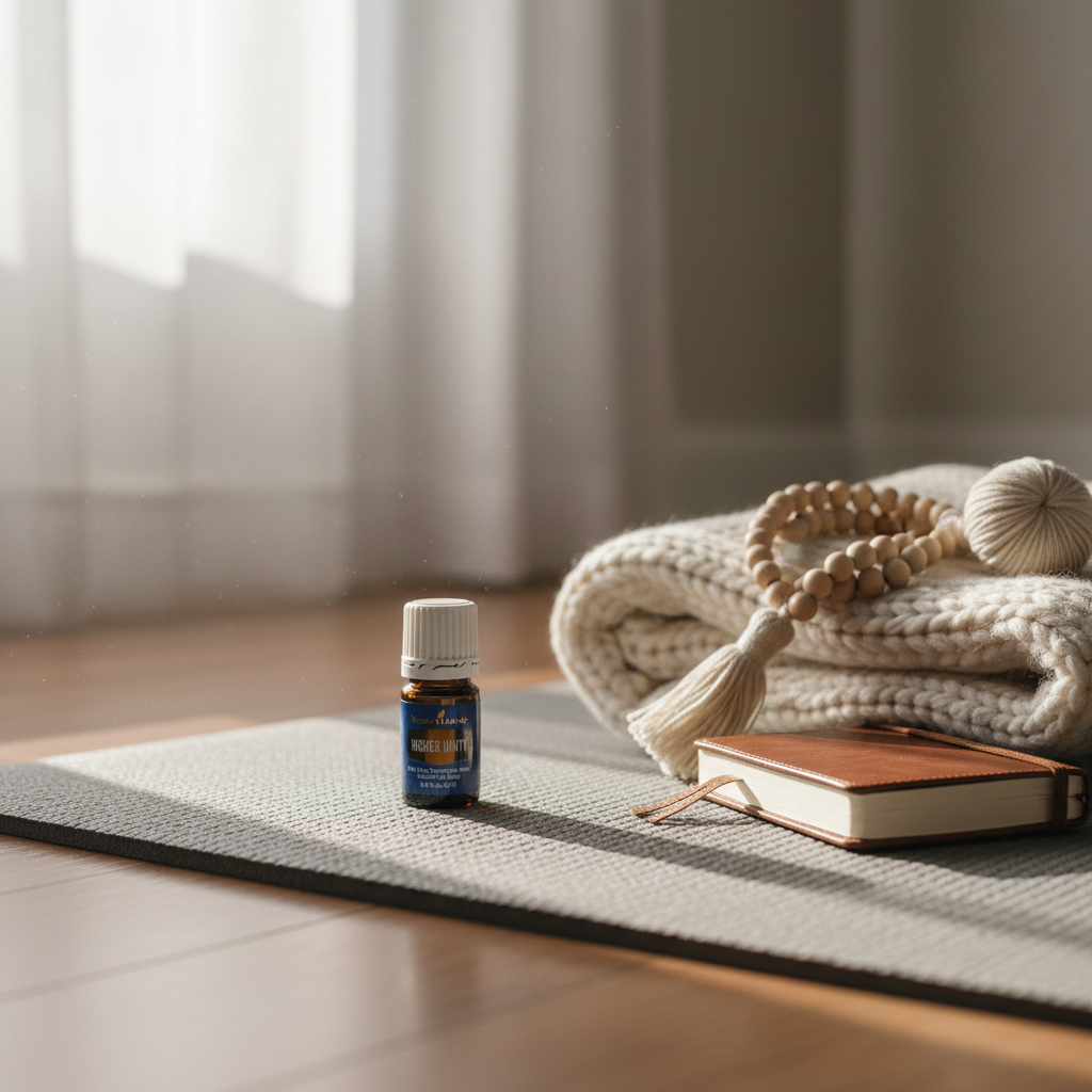 Higher Unity essential oil on yoga mat with mala beads and journal
