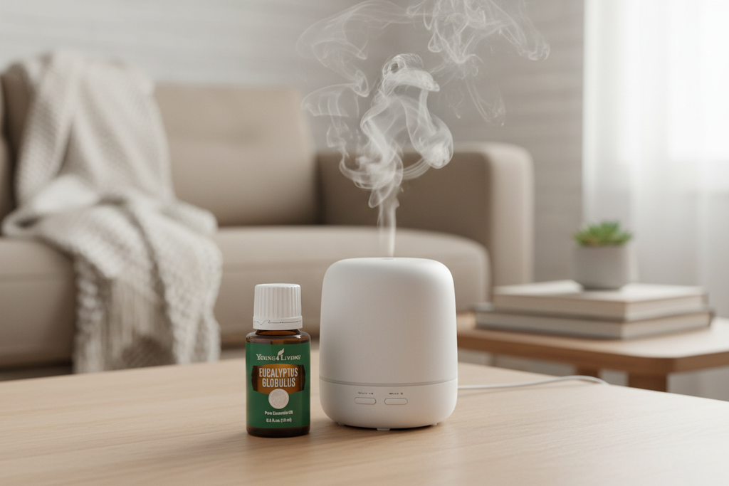 Young Living Eucalyptus Globulus oil bottle next to diffuser in cozy living room