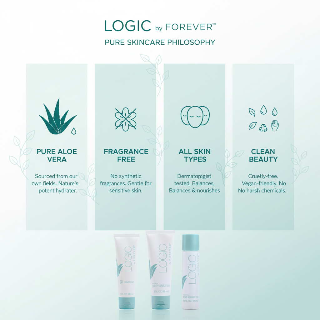 Logic by Forever ingredients infographic - pure aloe vera, fragrance-free, all skin types