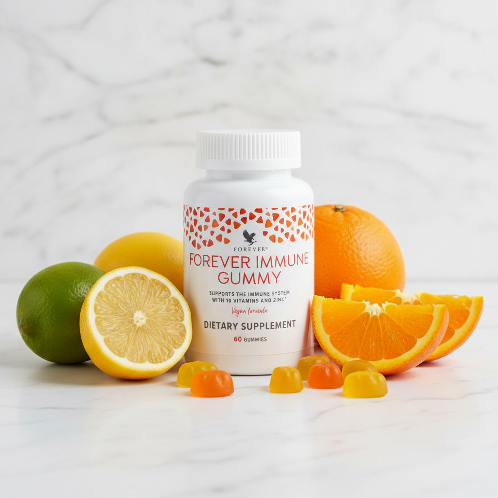 Forever Immune Gummy bottle on white marble with citrus