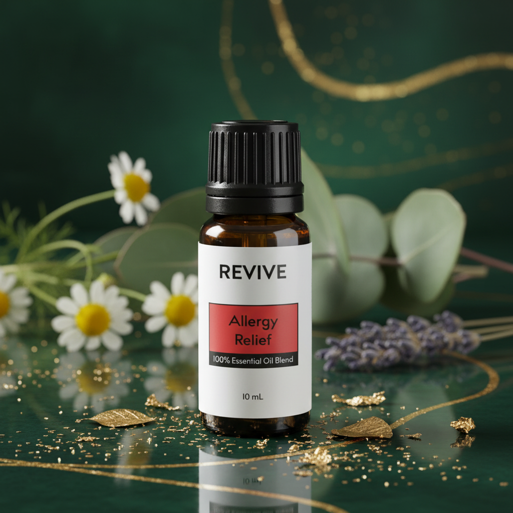 Revive Allergy Relief oil on deep forest green and gold background