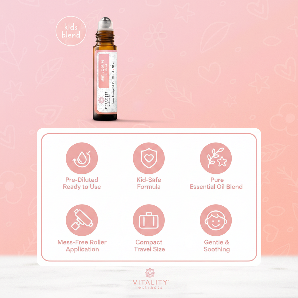 Vitality Extracts Skin Soothe Kids Blend key benefits infographic