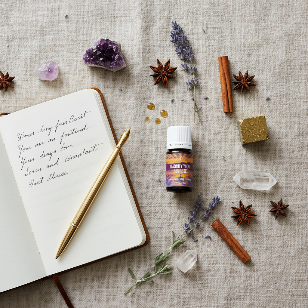 Young Living Magnify Your Purpose Essential Oil morning ritual flat lay with journal and crystals