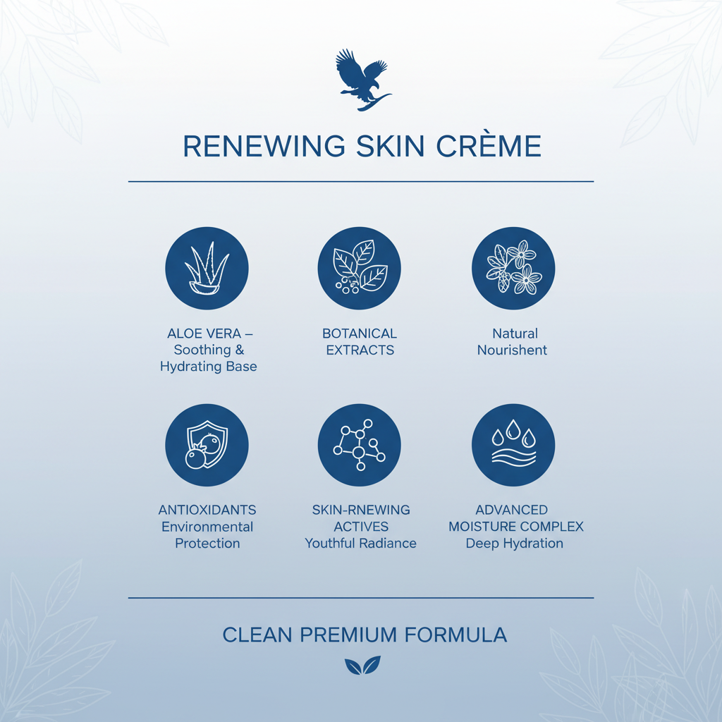 Forever Renewing Skin Crème ingredients infographic - aloe vera, botanicals, antioxidants