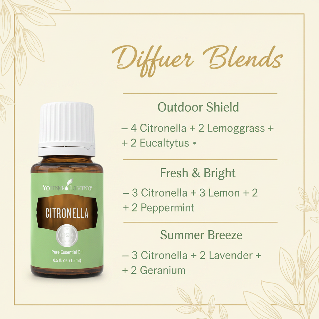 Citronella diffuser blends infographic - Outdoor Shield, Fresh and Bright, Summer Breeze