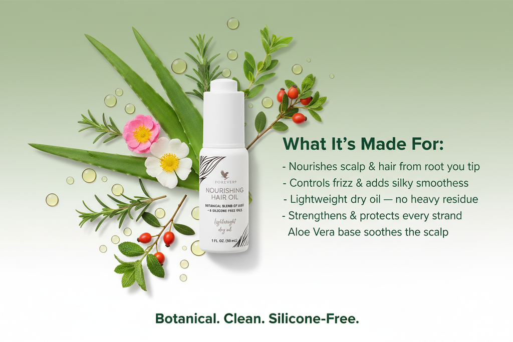 Forever Nourishing Hair Oil - Green Botanical Banner