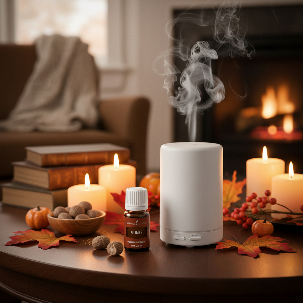Nutmeg bottle next to diffuser in cozy autumn living room with candlelight