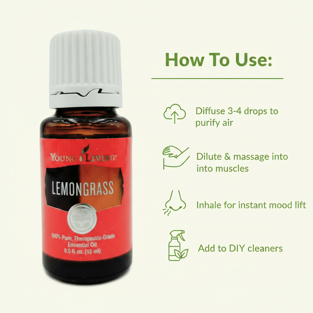 Lemongrass essential oil how to use infographic - Diffuse, Massage, Inhale, DIY Cleaners