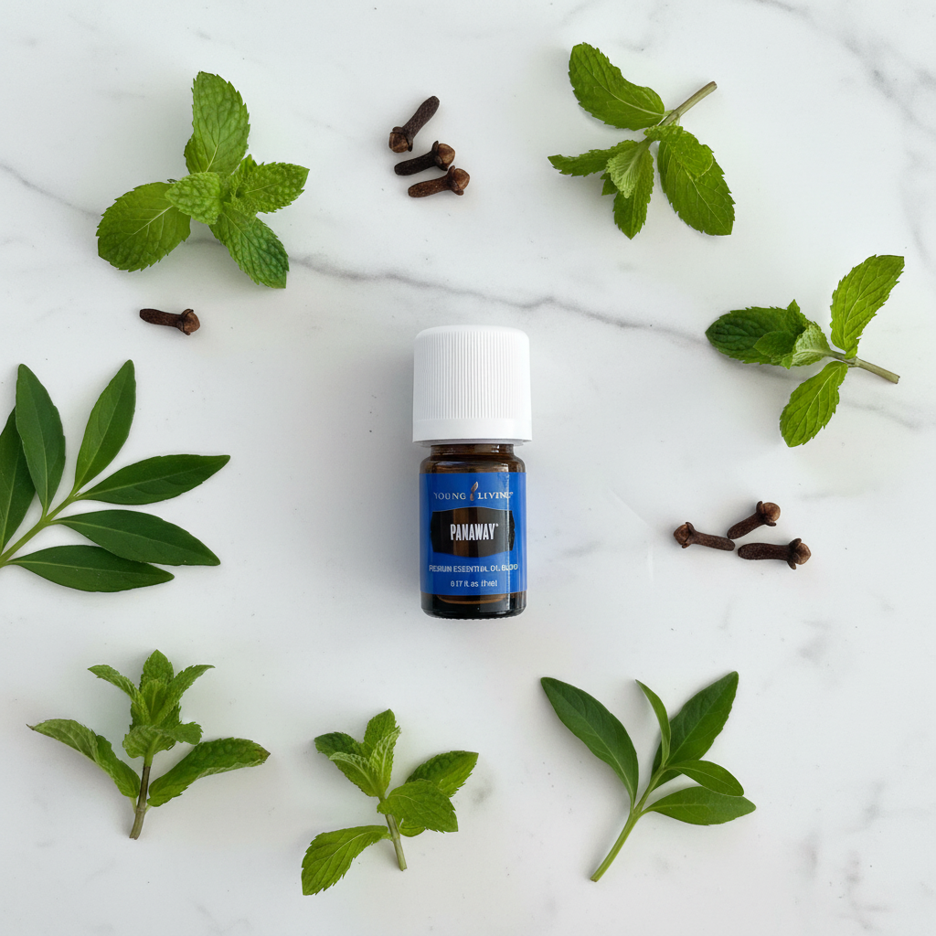 PanAway essential oil flat lay with peppermint wintergreen and clove