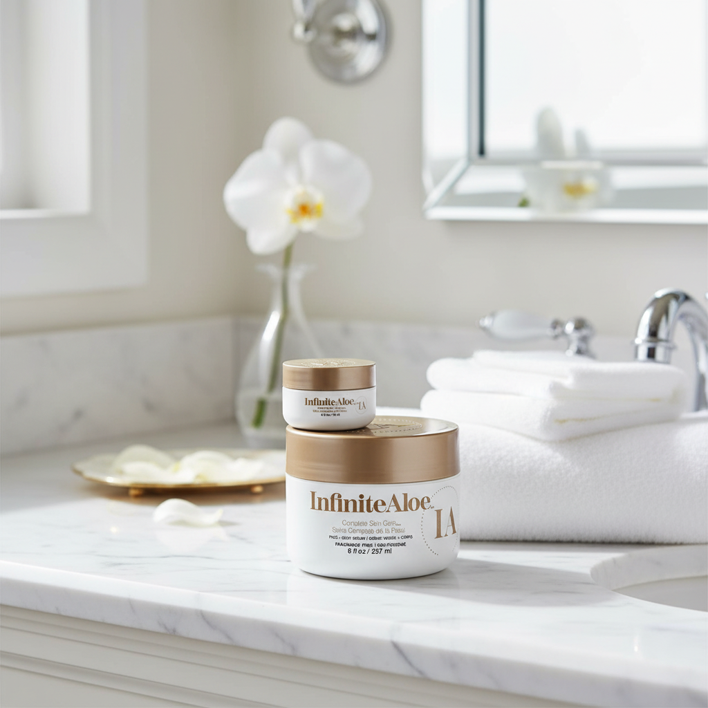 InfiniteAloe Complete Skin Care luxury marble vanity scene