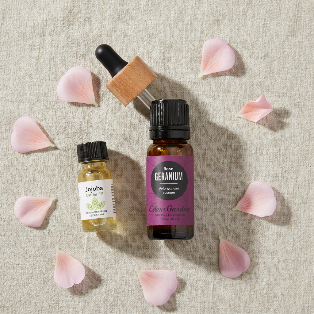 Edens Garden Rose Geranium Essential Oil botanical flat lay with petals and carrier oil on linen
