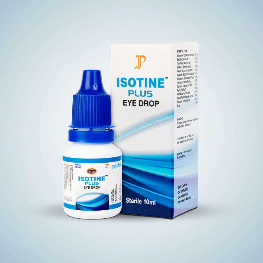 Close-up of Isotine Plus Eye Drop bottle and box