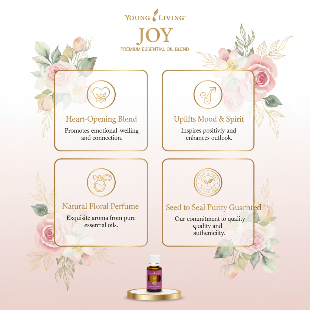 Young Living Joy essential oil benefits infographic showing 4 key benefits
