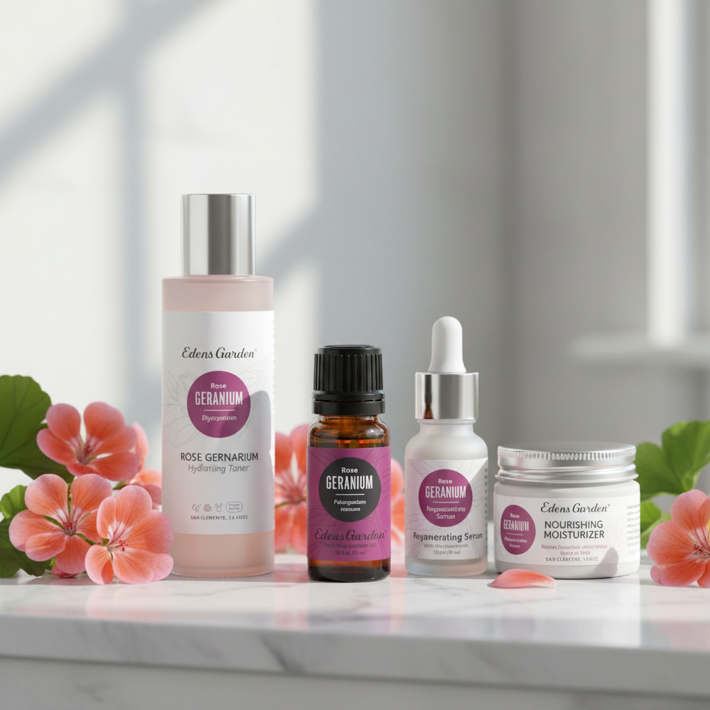 Edens Garden Rose Geranium Essential Oil with skincare products on marble vanity