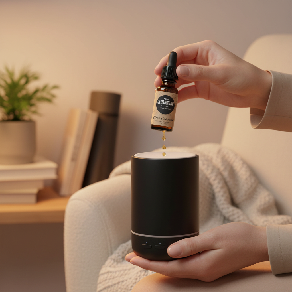 Person adding Atlas Cedarwood drops to diffuser in cozy living room
