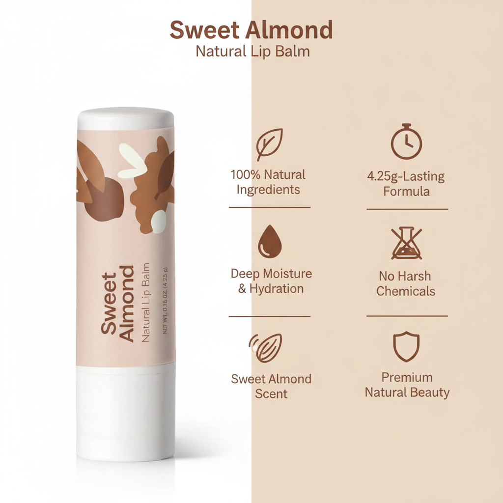 Sweet Almond Natural Lip Balm key benefits infographic