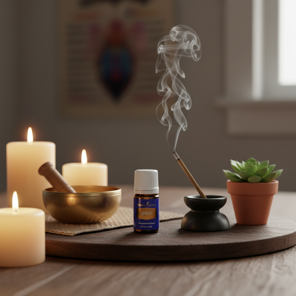 Young Living Loyalty bottle on wooden meditation altar with singing bowl and incense