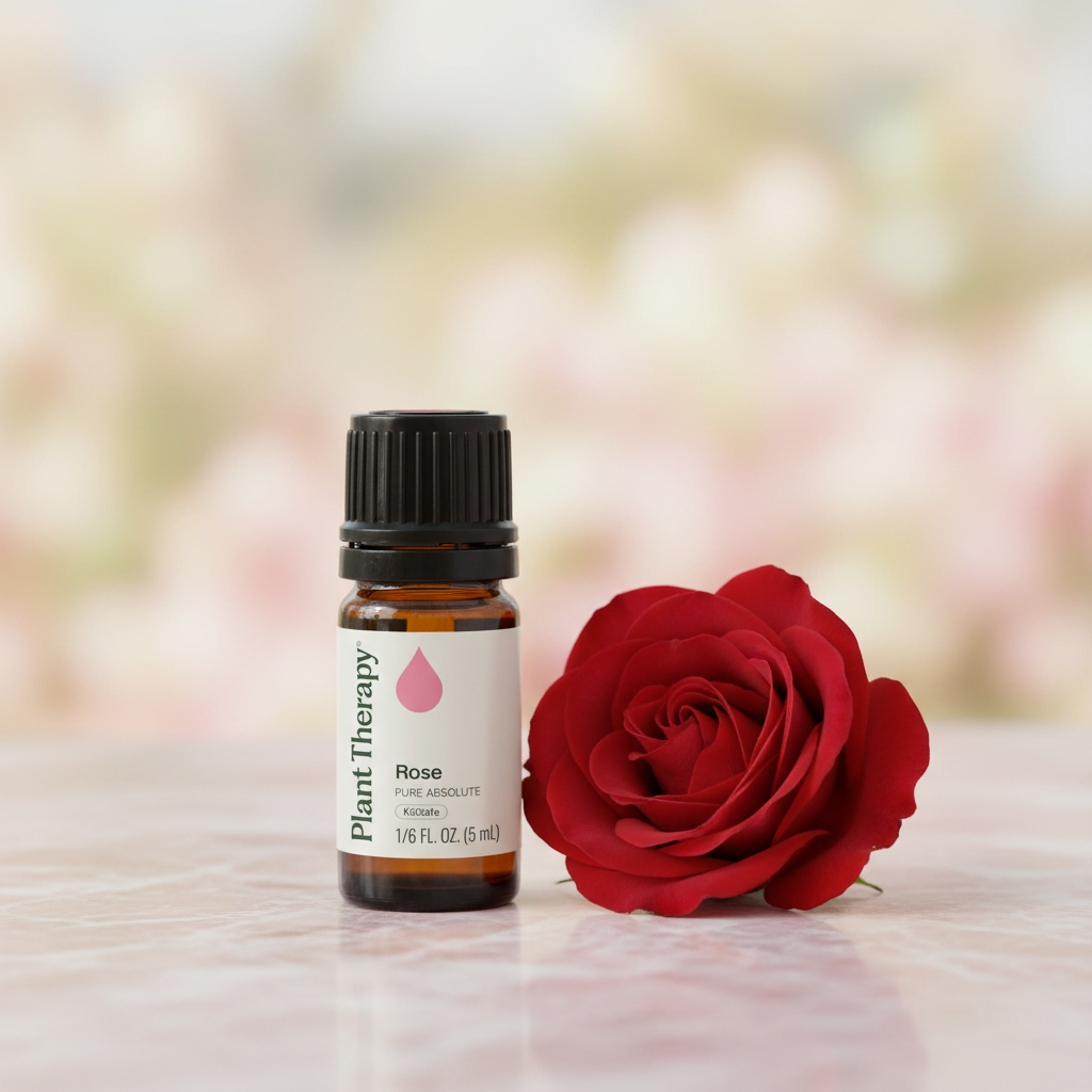 Plant Therapy Rose Pure Absolute close-up on pink marble with fresh red rose