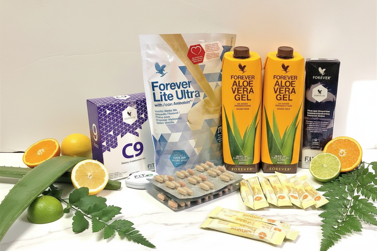 Forever C9 Kit on white marble with fresh aloe vera leaves and citrus slices lifestyle photo