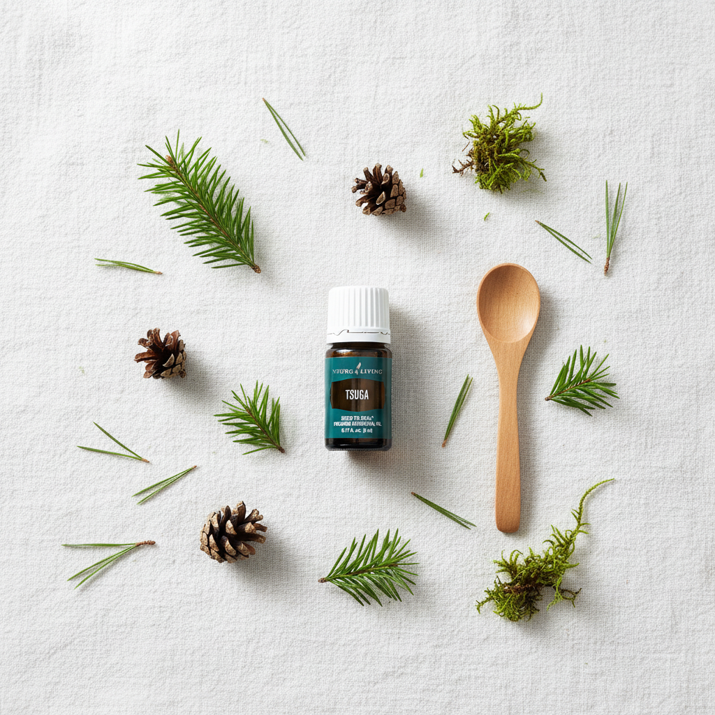 Tsuga essential oil flat lay with pine needles and cones on linen