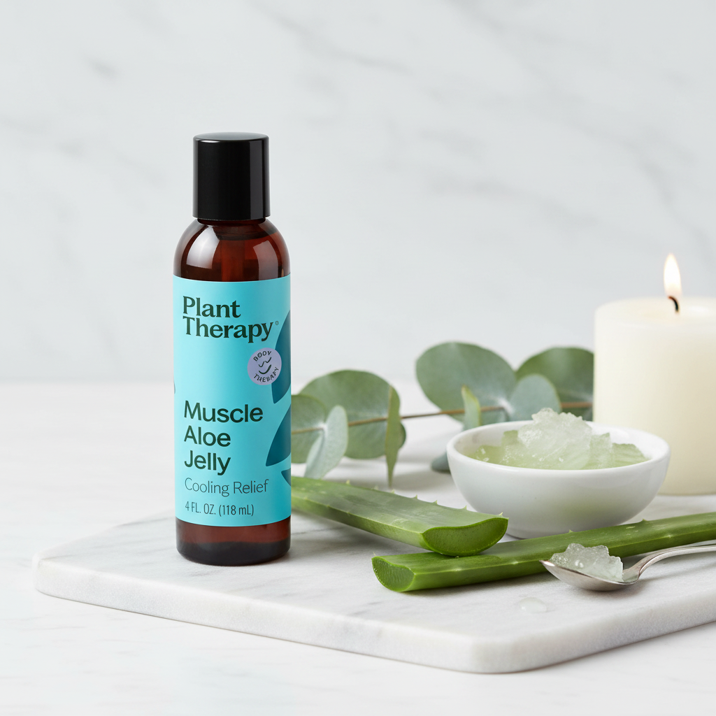 Plant Therapy Muscle Aloe Jelly on marble with aloe bowl and candle