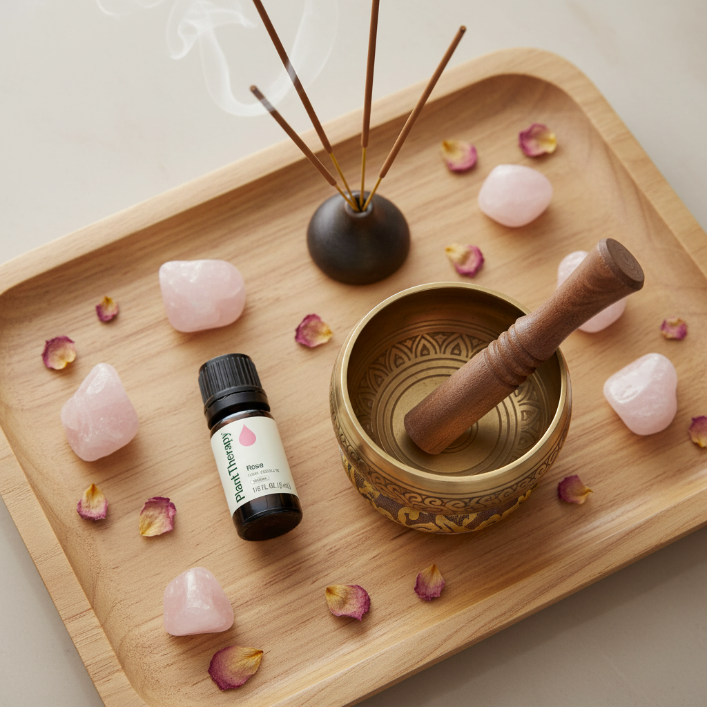 Plant Therapy Rose Pure Absolute on meditation tray with singing bowl and rose quartz