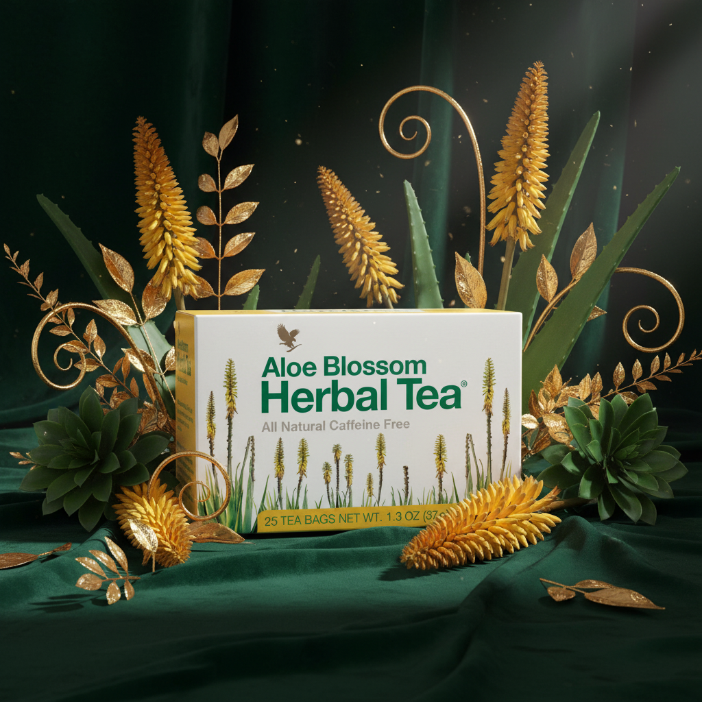 Forever Aloe Blossom Herbal Tea on deep forest green and gold background