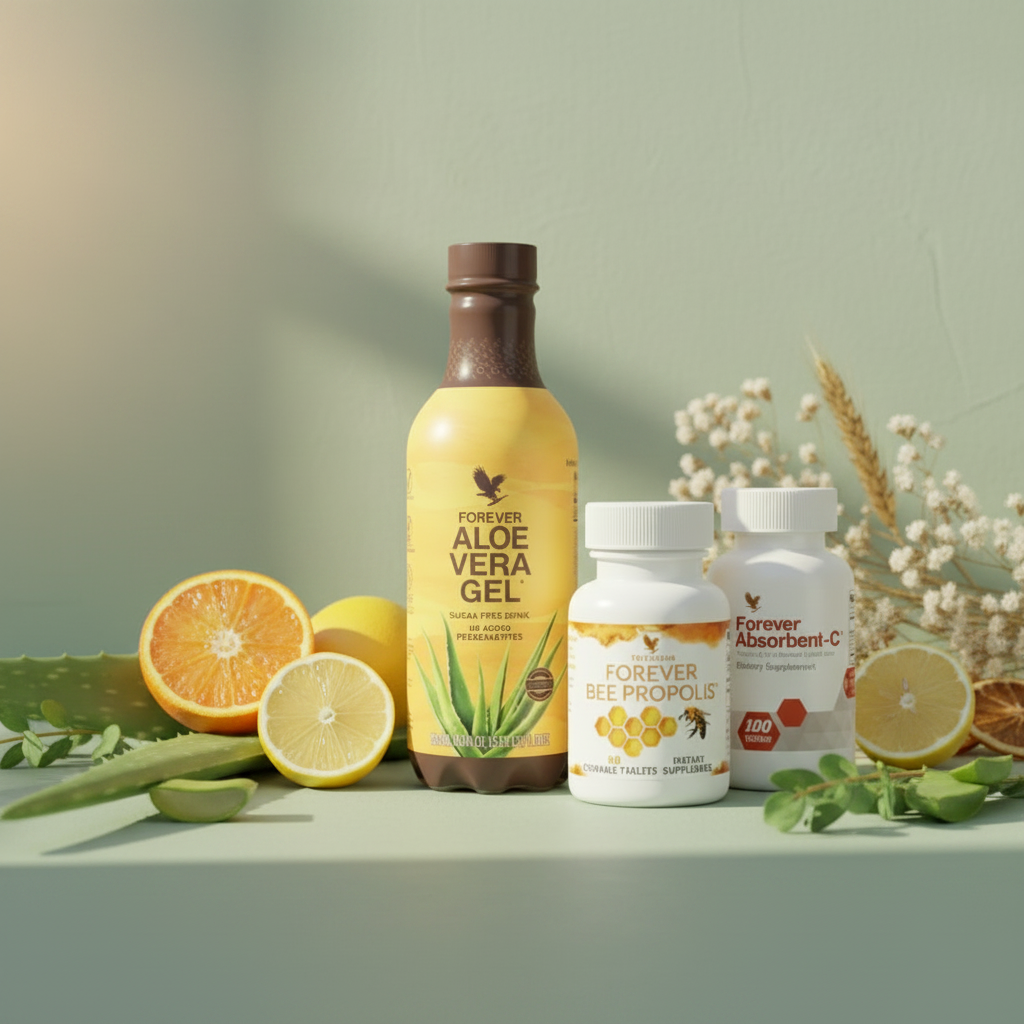 Forever Cold & Flu Support bundle on sage green with citrus