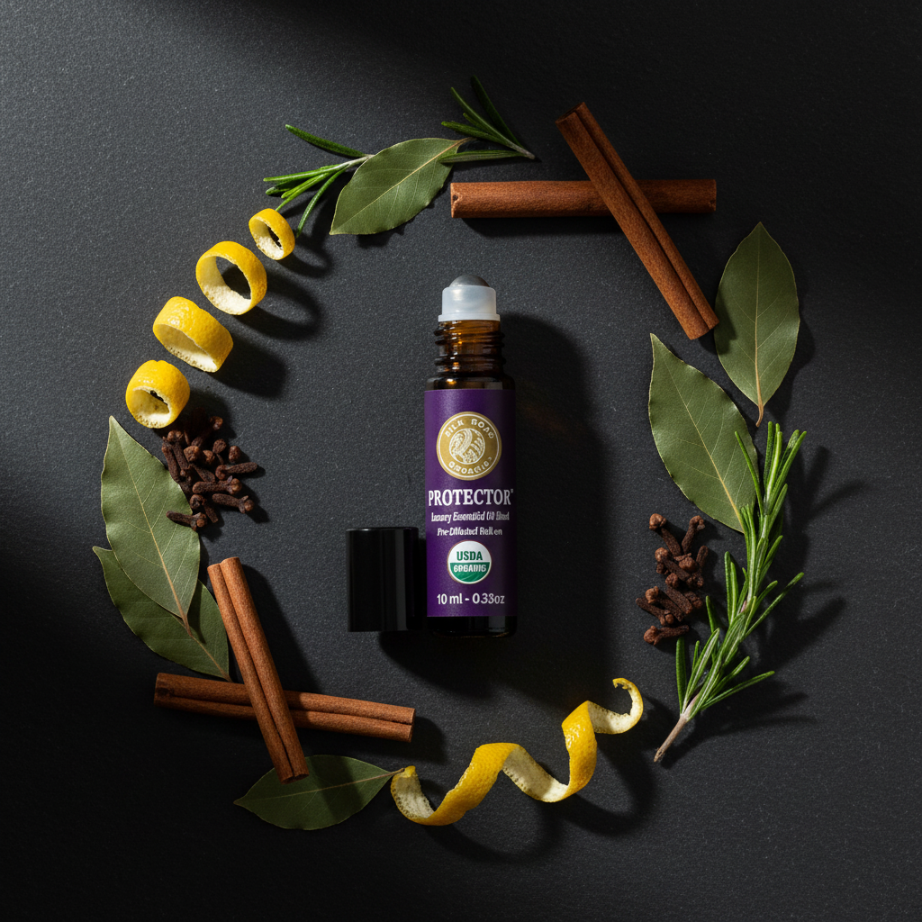 Protector roll-on dark slate flat lay with spiced botanicals