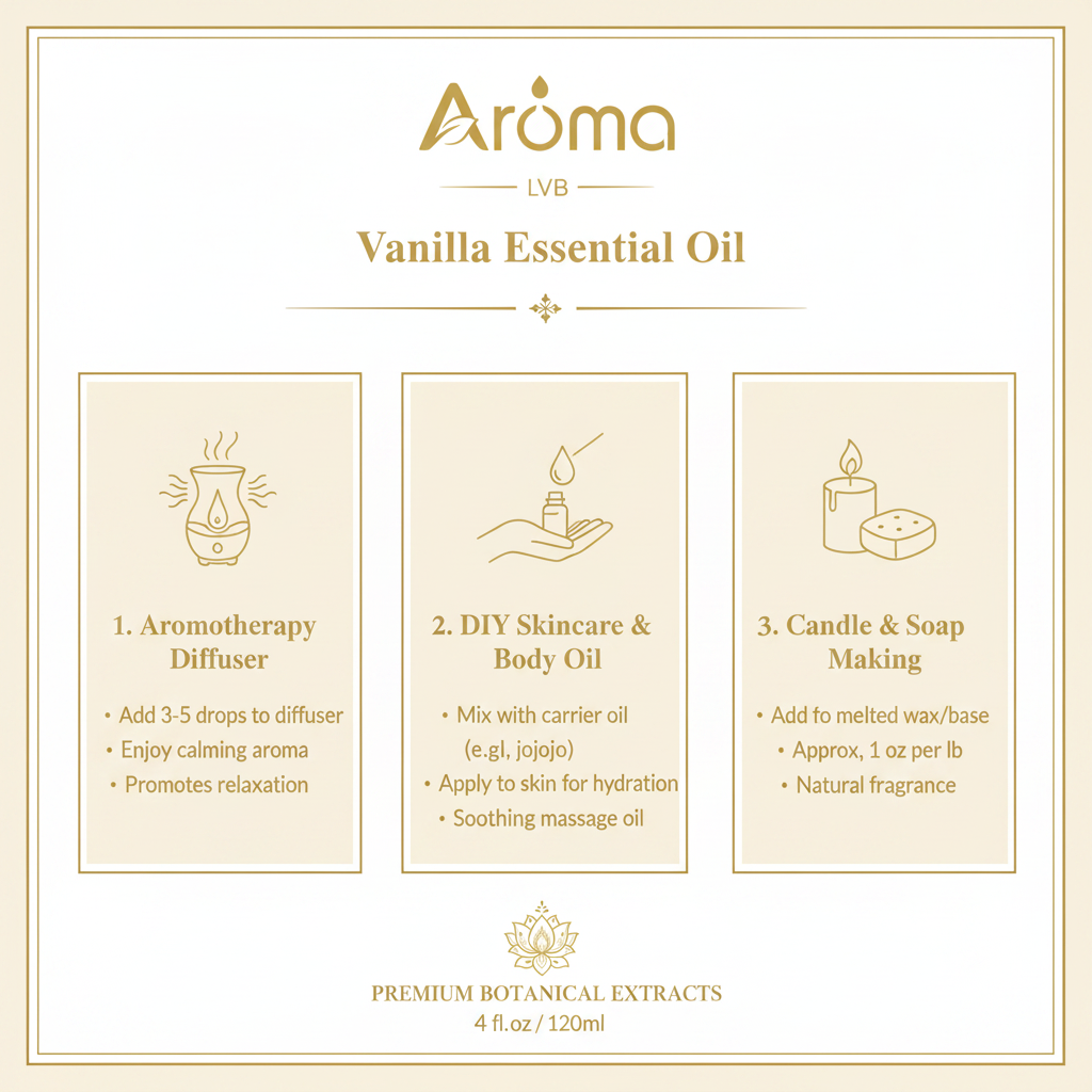 Aroma LVB Vanilla Essential Oil – How to Use Infographic