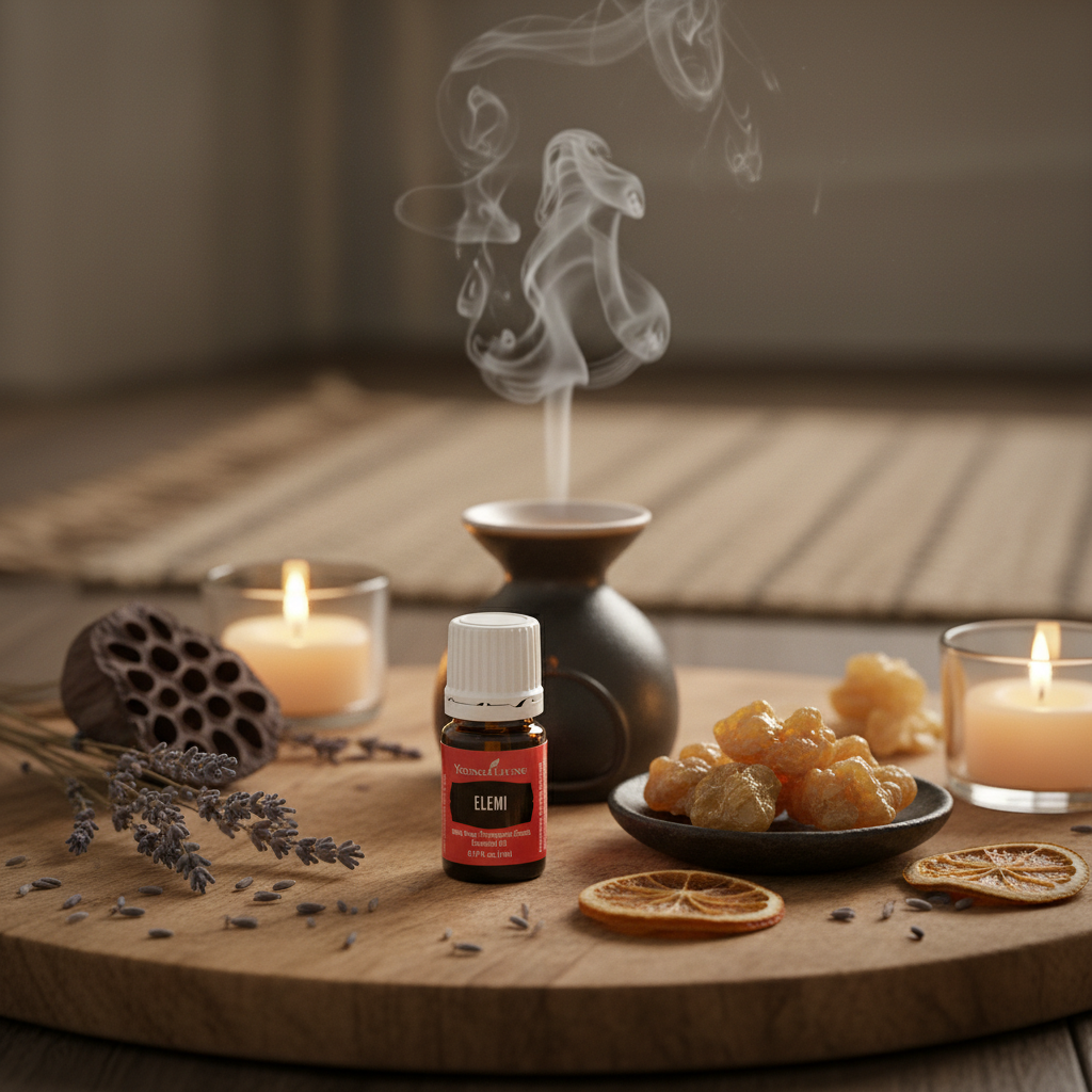 Young Living Elemi bottle on meditation altar with frankincense and diffuser