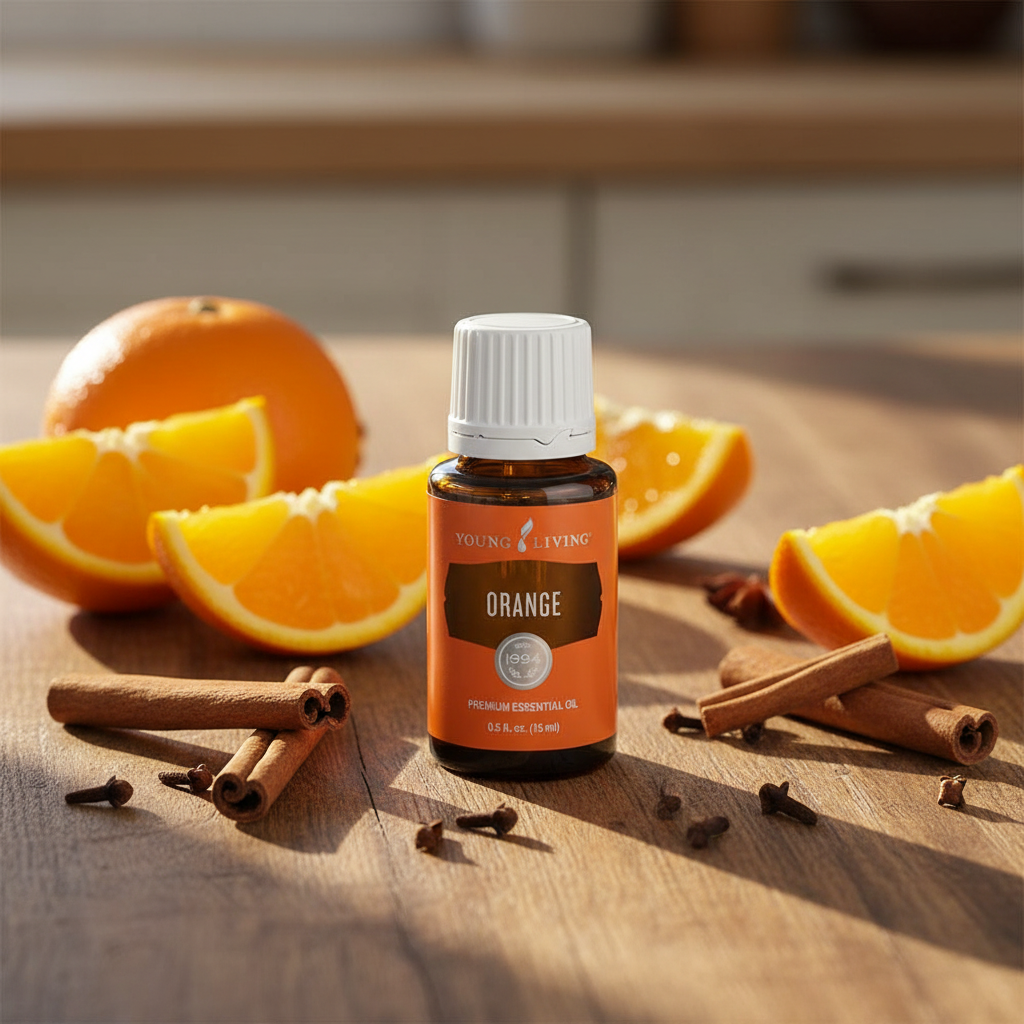 Orange essential oil on rustic kitchen surface with orange halves, cinnamon sticks and clove buds